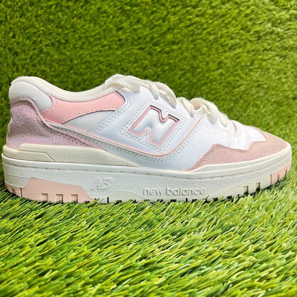 New Balance 550 Girls Size 6Y White Pink Athletic Leather Walking Shoes Sneakers